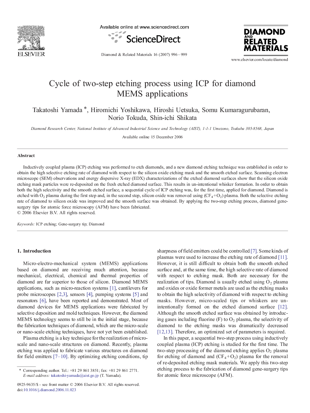 Cycle of two-step etching process using ICP for diamond MEMS applications