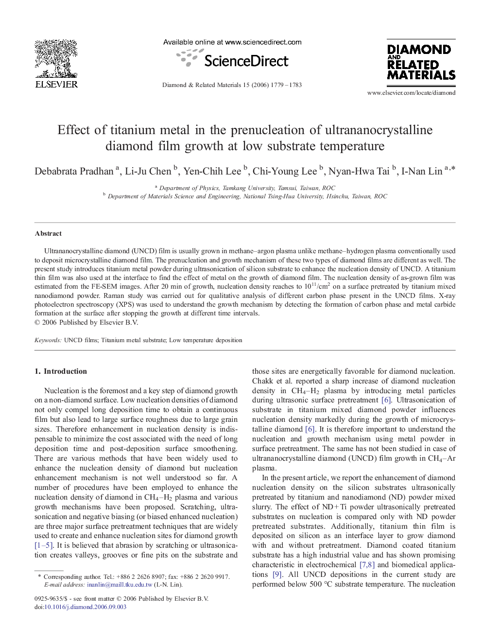 Effect of titanium metal in the prenucleation of ultrananocrystalline diamond film growth at low substrate temperature