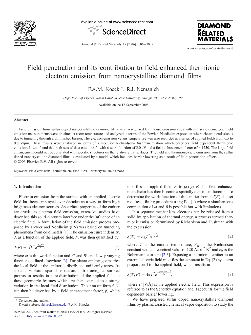 Field penetration and its contribution to field enhanced thermionic electron emission from nanocrystalline diamond films