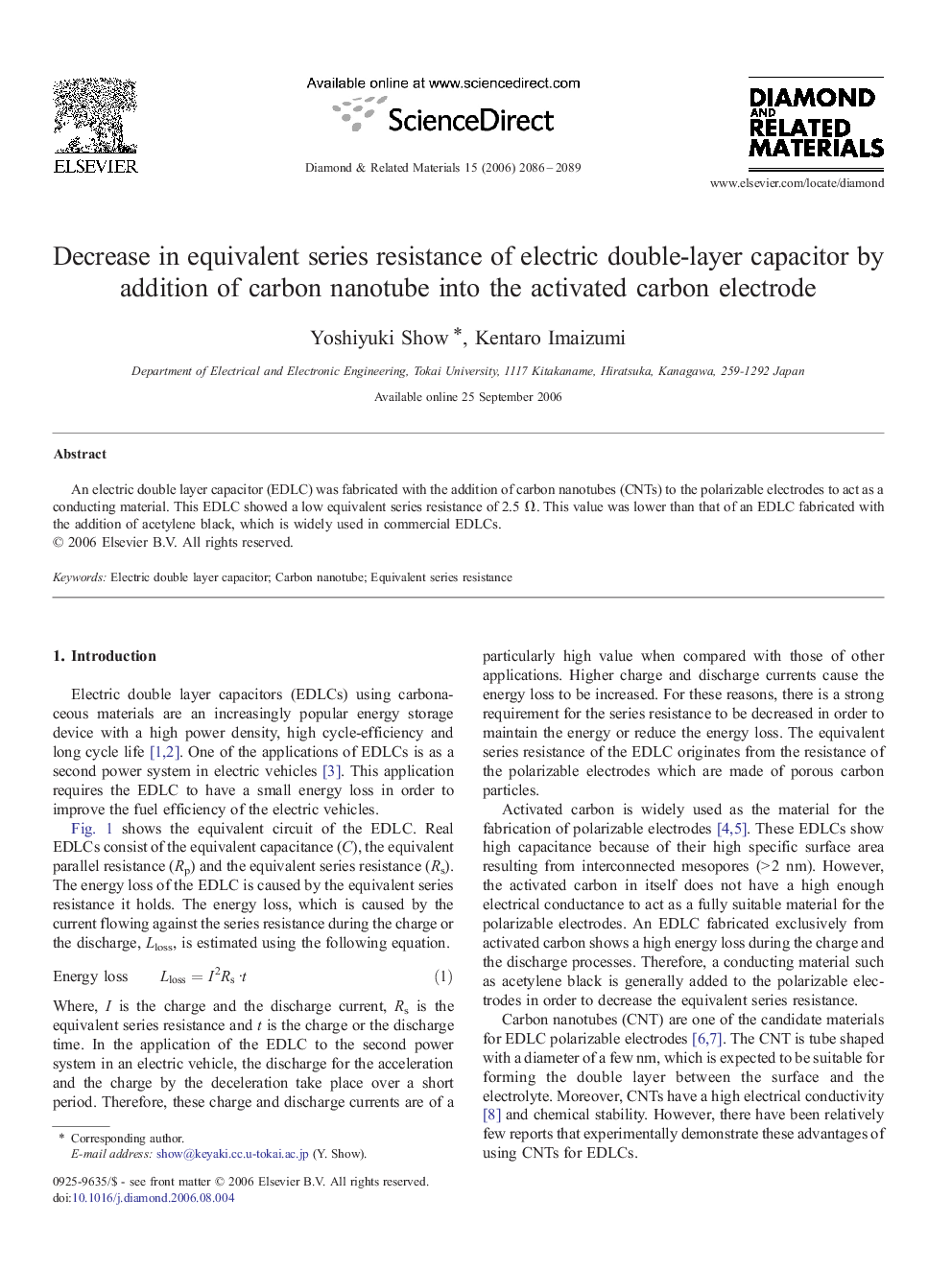 Decrease in equivalent series resistance of electric double-layer capacitor by addition of carbon nanotube into the activated carbon electrode