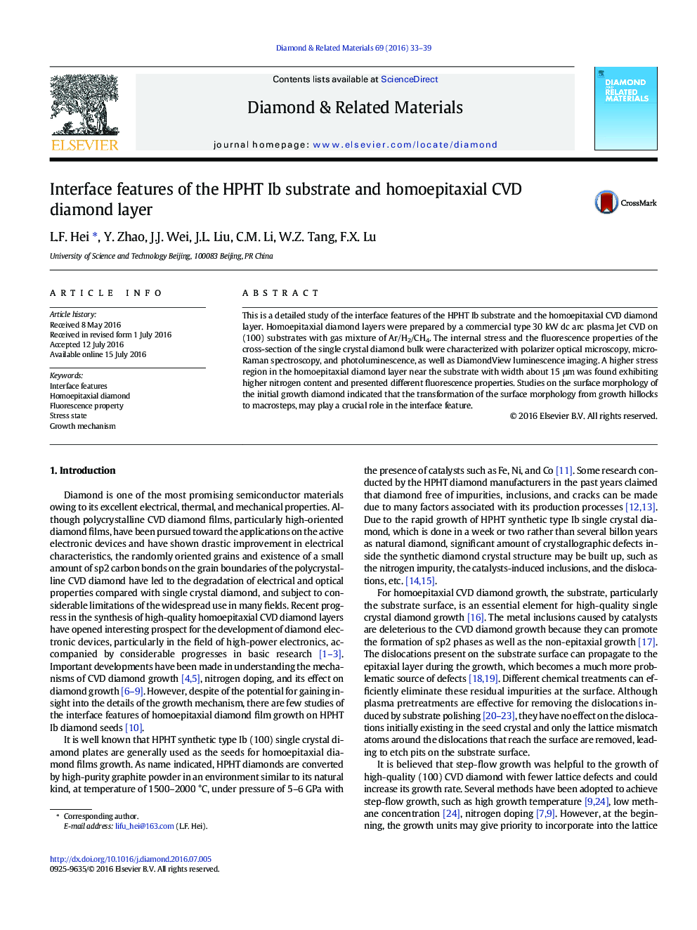 ویژگی های رابط بستر HPHT IB و لایه الماس CVD رونشانی همگون