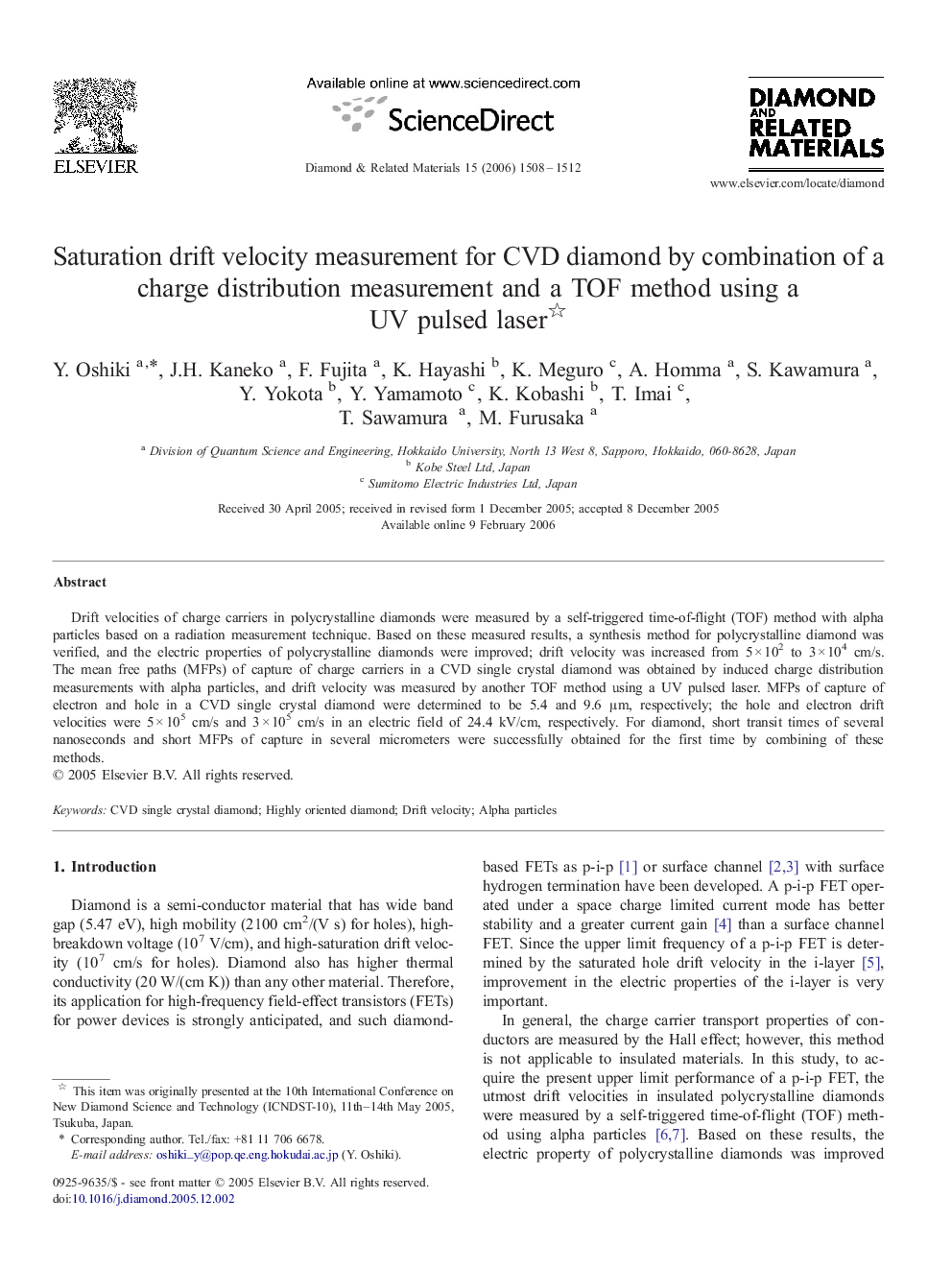 Saturation drift velocity measurement for CVD diamond by combination of a charge distribution measurement and a TOF method using a UV pulsed laser 