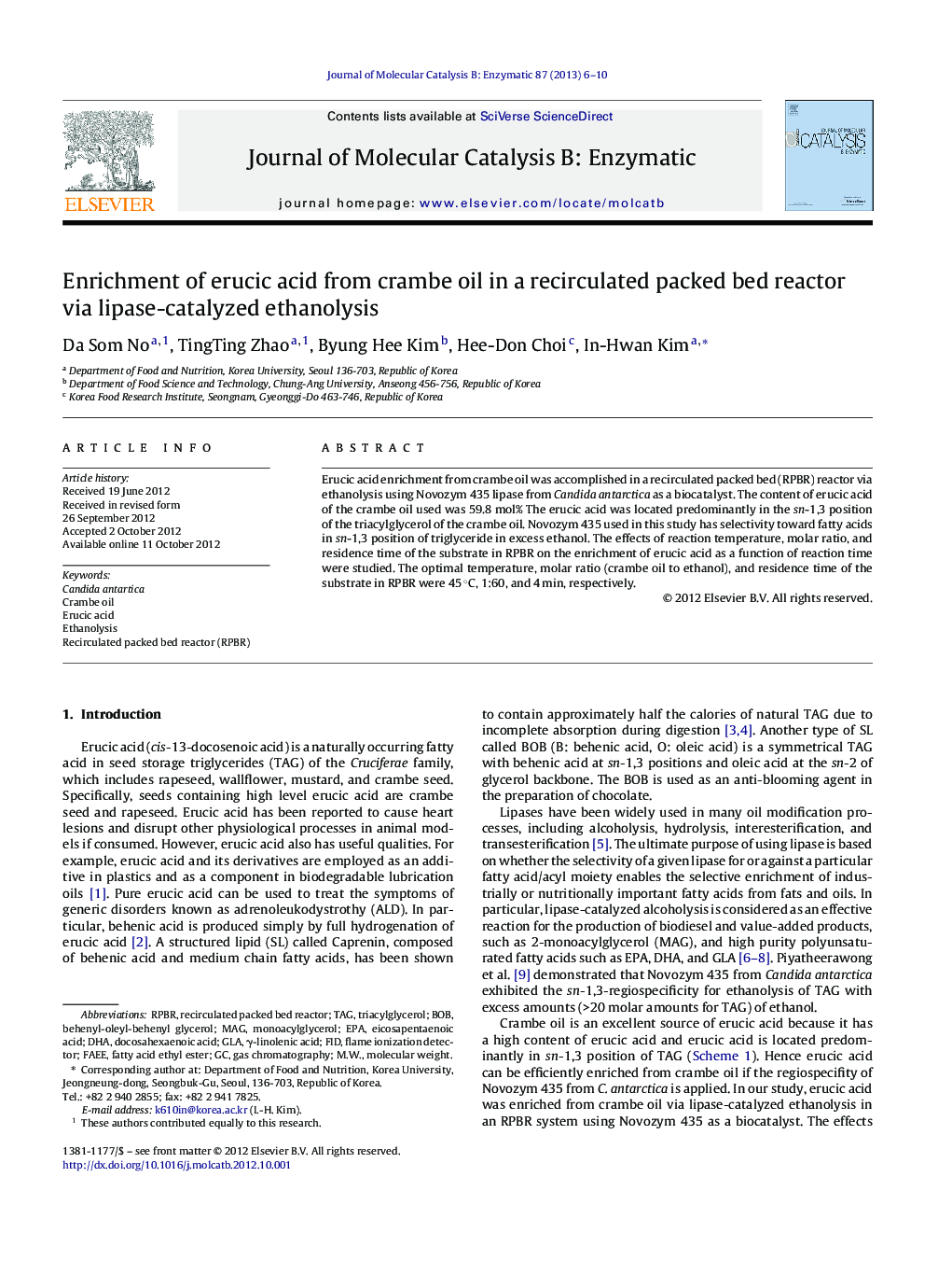 Enrichment of erucic acid from crambe oil in a recirculated packed bed reactor via lipase-catalyzed ethanolysis