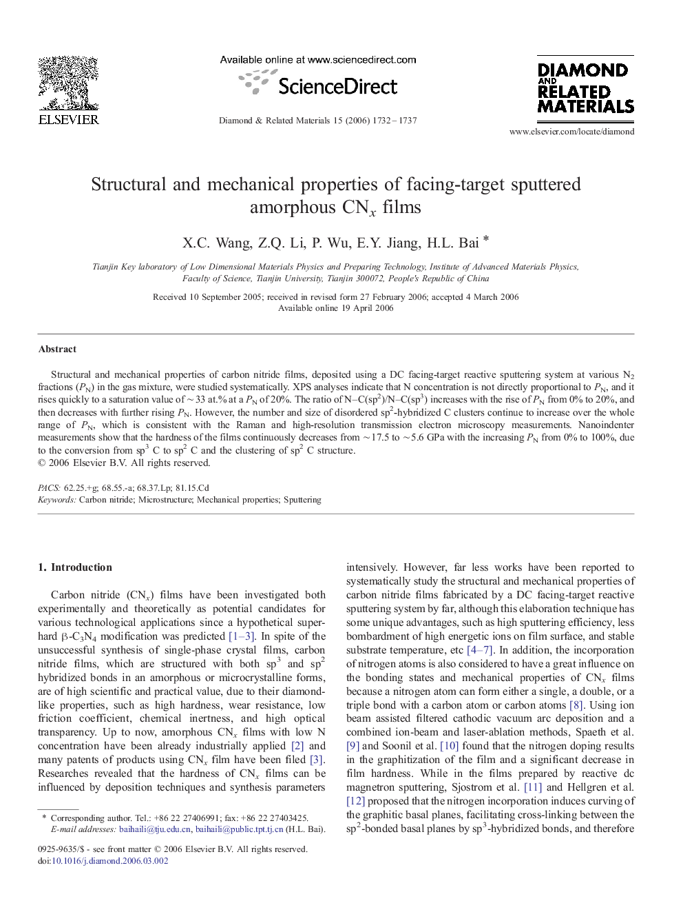 Structural and mechanical properties of facing-target sputtered amorphous CNx films