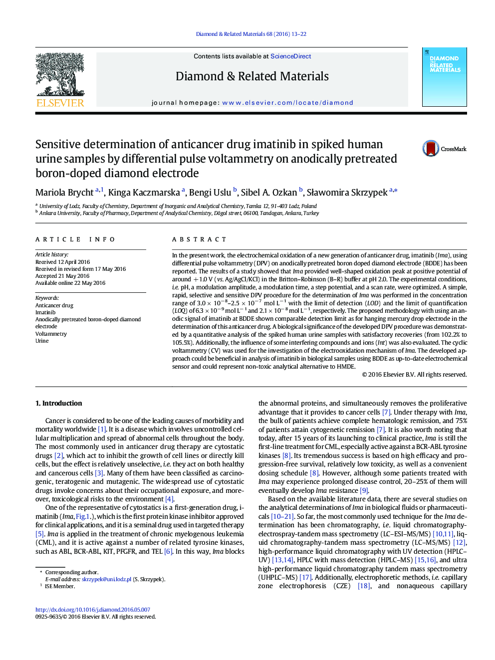 Sensitive determination of anticancer drug imatinib in spiked human urine samples by differential pulse voltammetry on anodically pretreated boron-doped diamond electrode