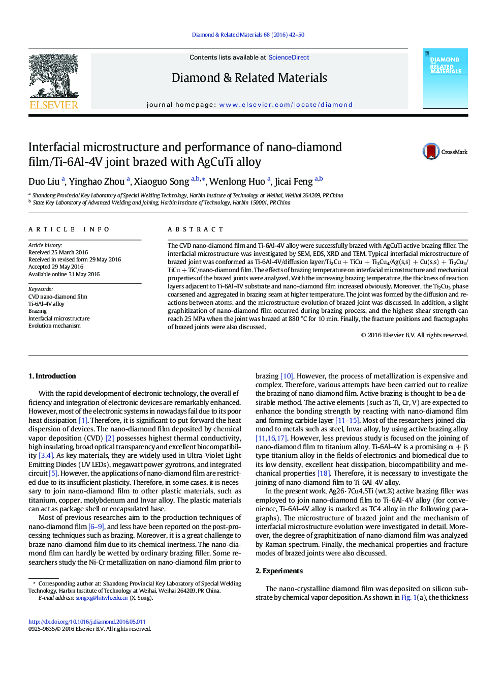 Interfacial microstructure and performance of nano-diamond film/Ti-6Al-4V joint brazed with AgCuTi alloy