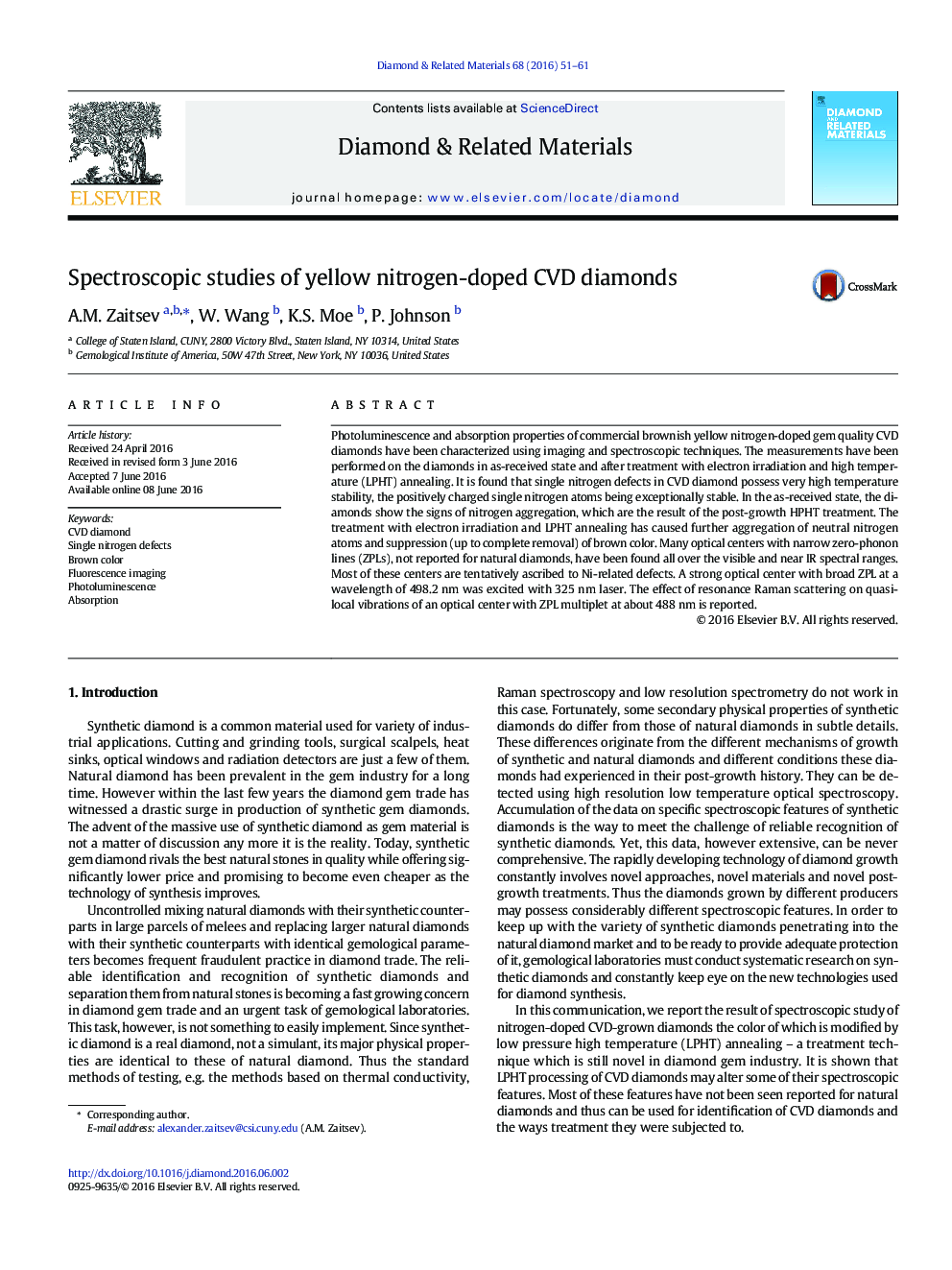 Spectroscopic studies of yellow nitrogen-doped CVD diamonds