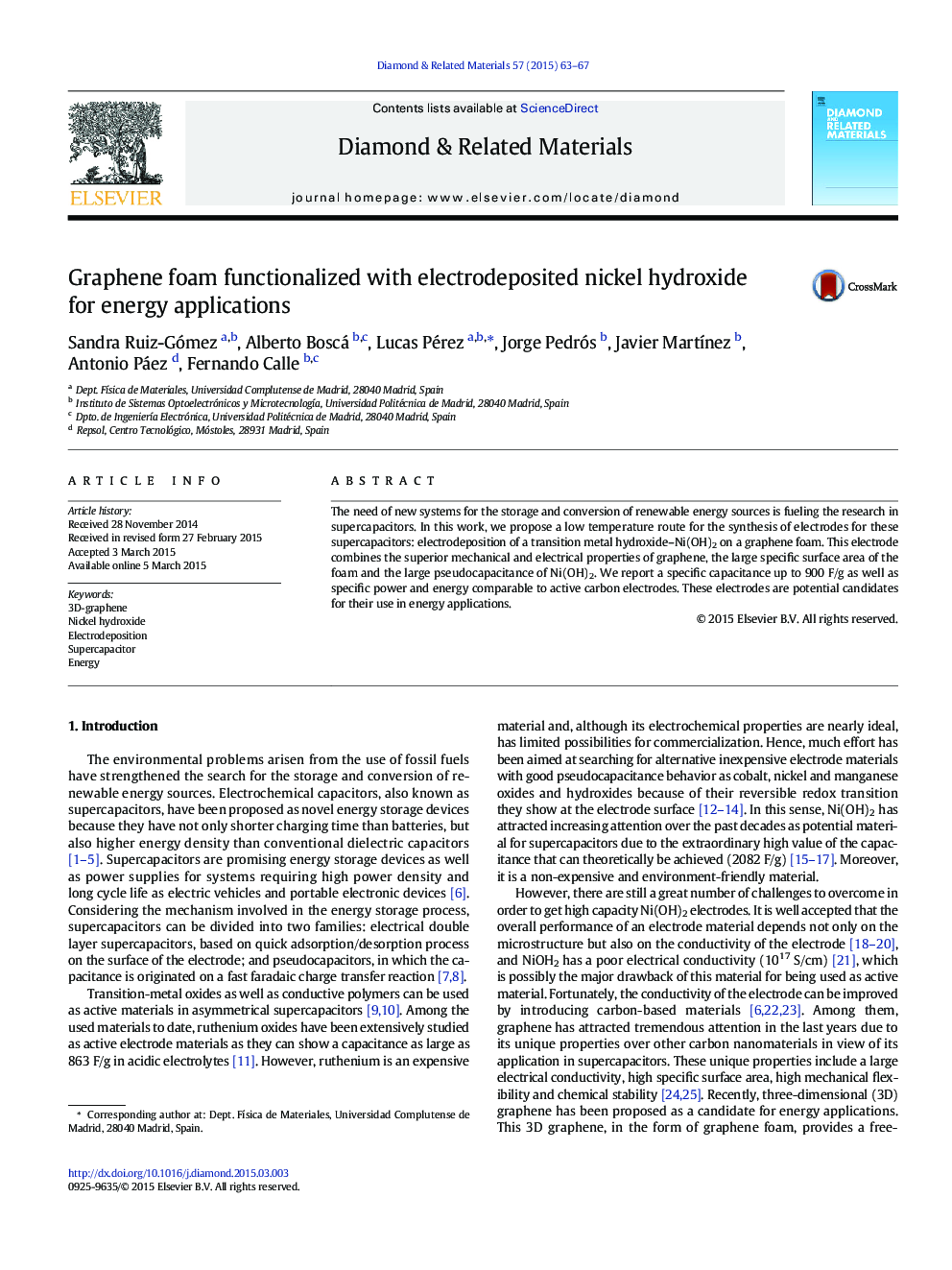 Graphene foam functionalized with electrodeposited nickel hydroxide for energy applications