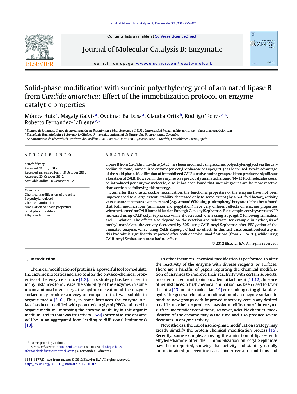 Solid-phase modification with succinic polyethyleneglycol of aminated lipase B from Candida antarctica: Effect of the immobilization protocol on enzyme catalytic properties