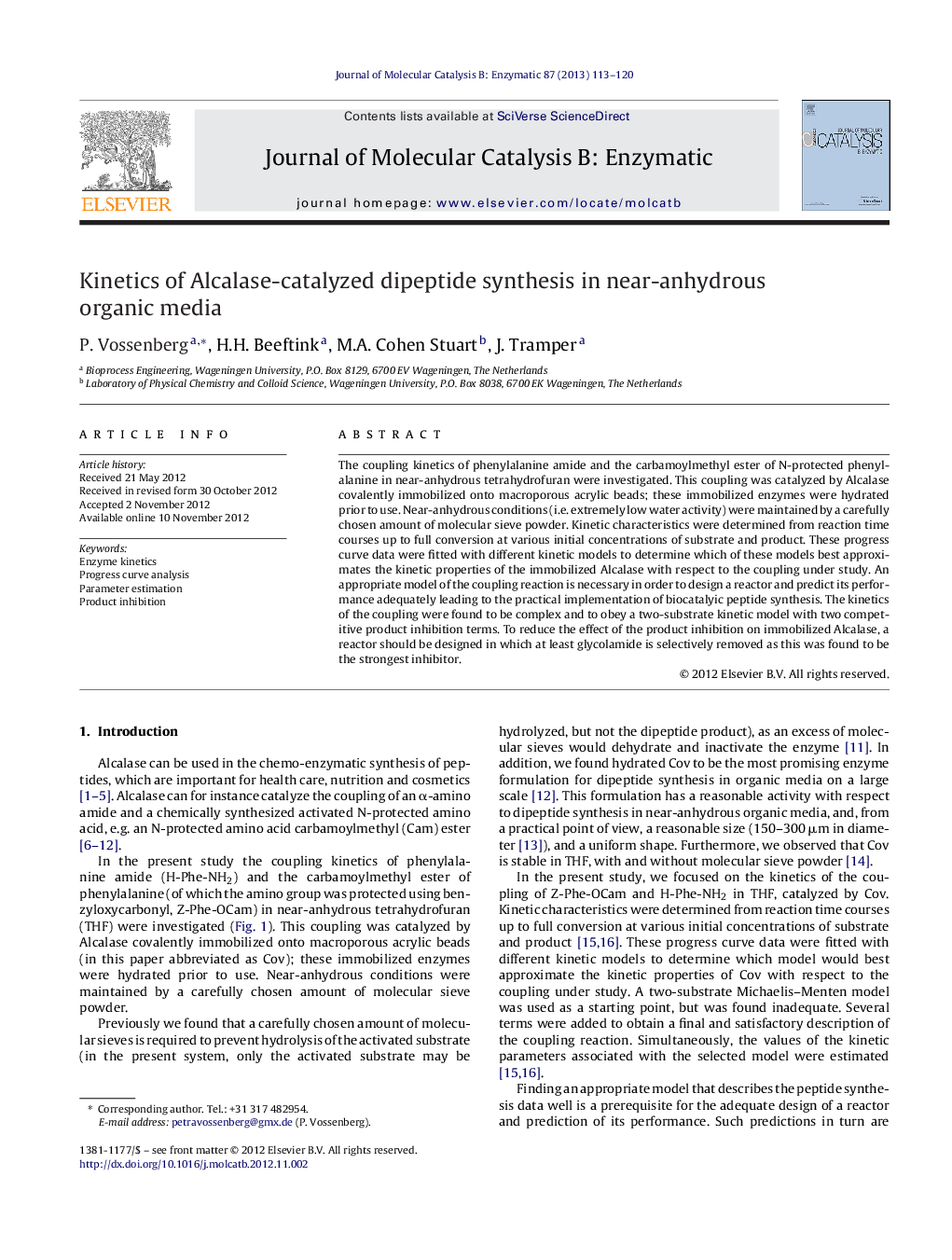 Kinetics of Alcalase-catalyzed dipeptide synthesis in near-anhydrous organic media