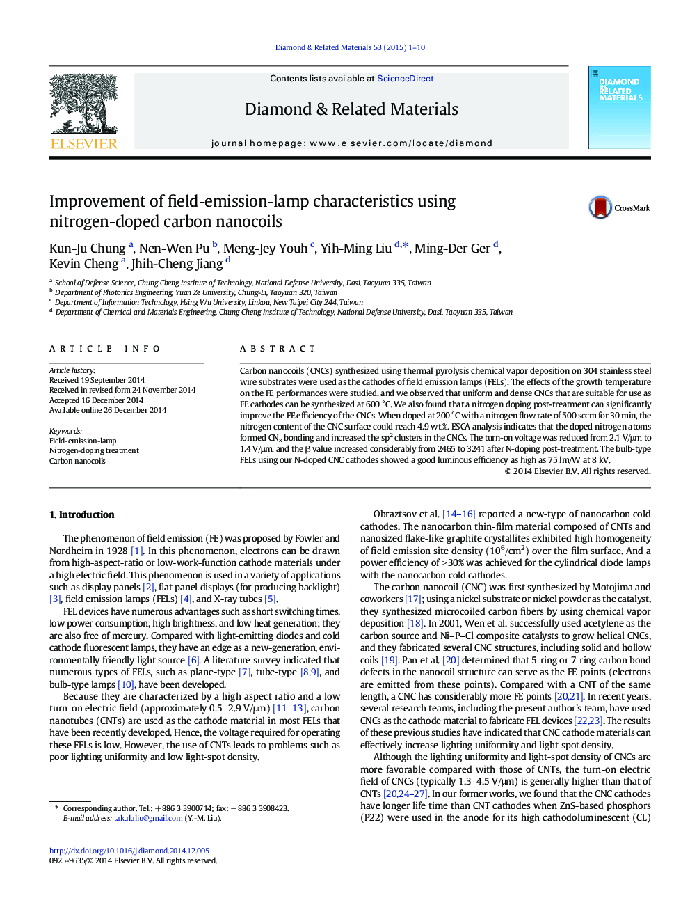 Improvement of field-emission-lamp characteristics using nitrogen-doped carbon nanocoils