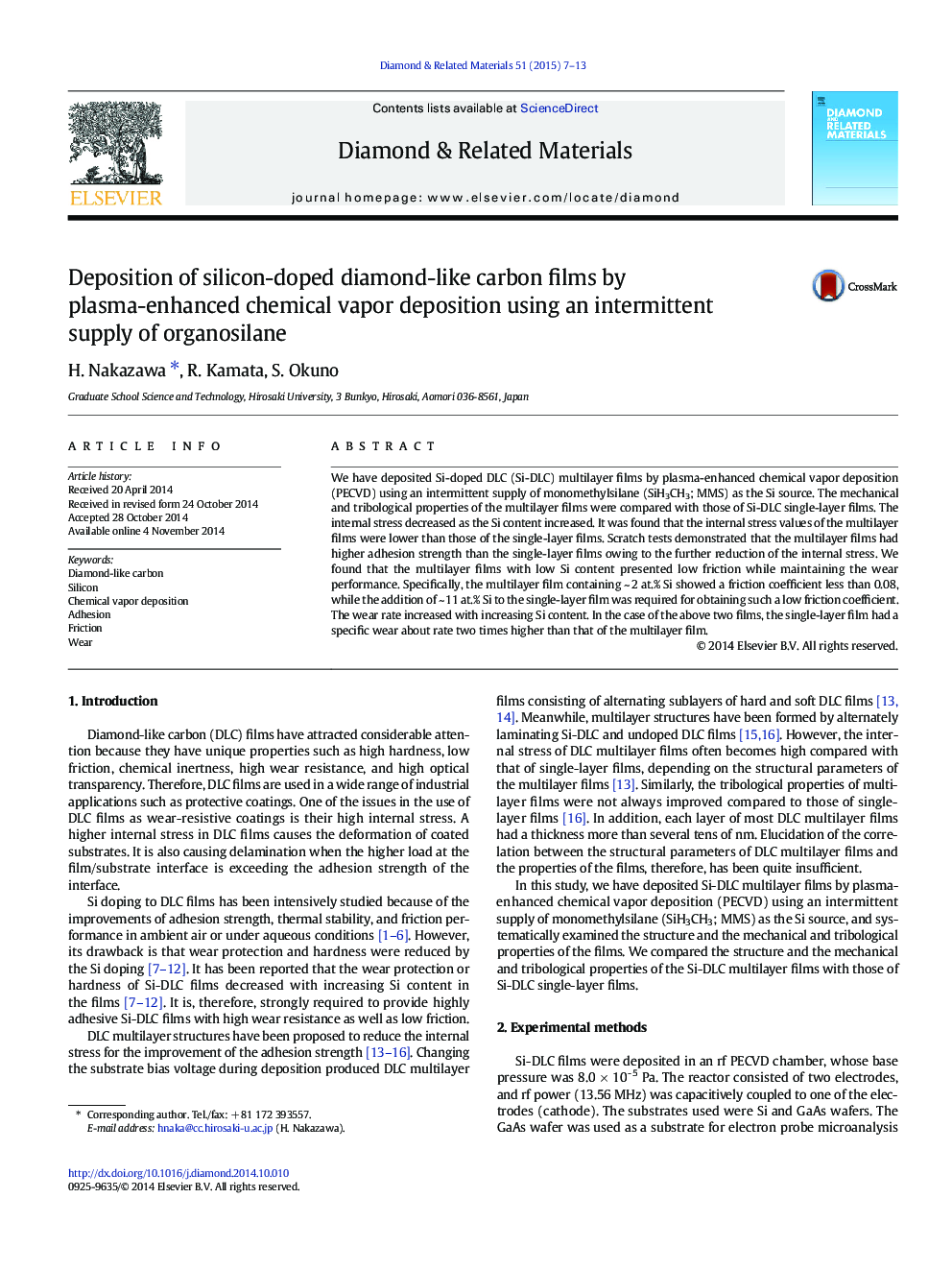 Deposition of silicon-doped diamond-like carbon films by plasma-enhanced chemical vapor deposition using an intermittent supply of organosilane