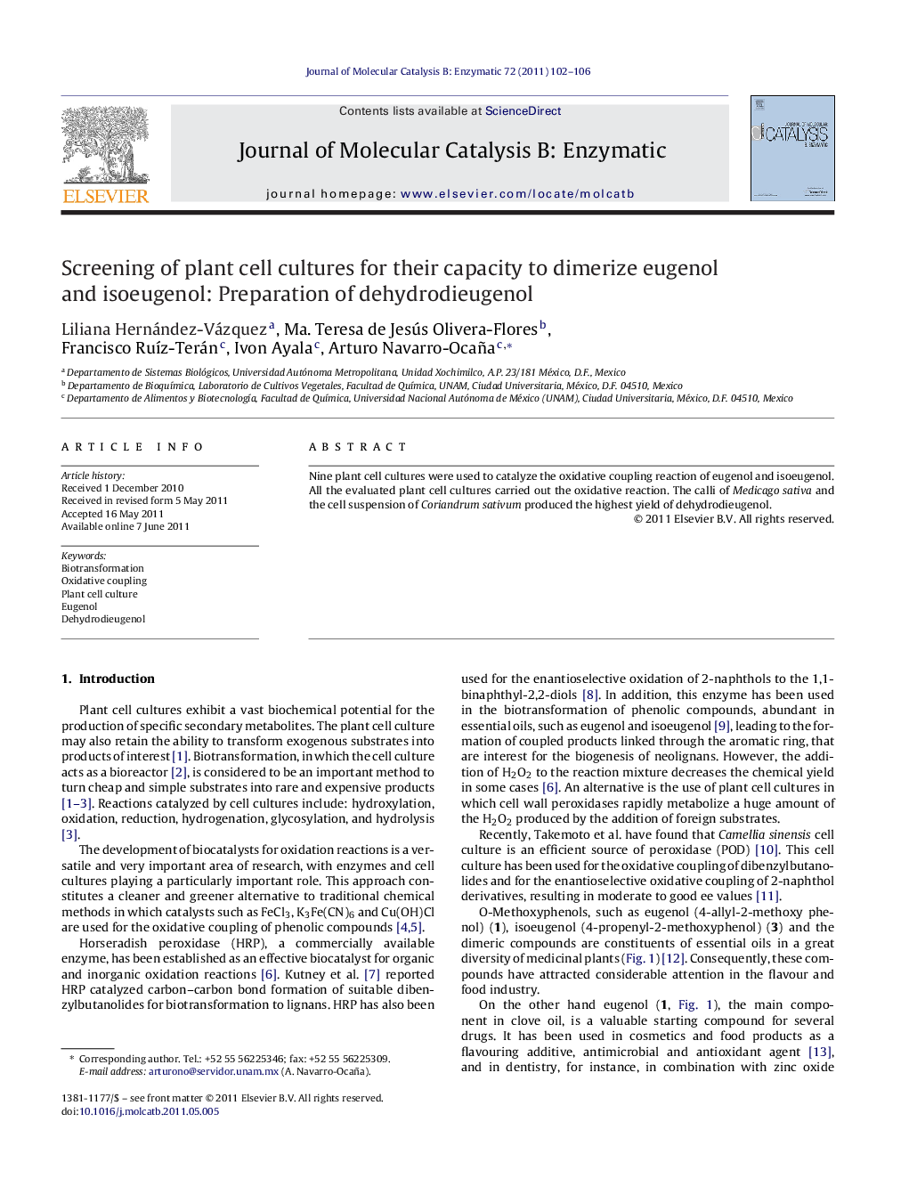 Screening of plant cell cultures for their capacity to dimerize eugenol and isoeugenol: Preparation of dehydrodieugenol