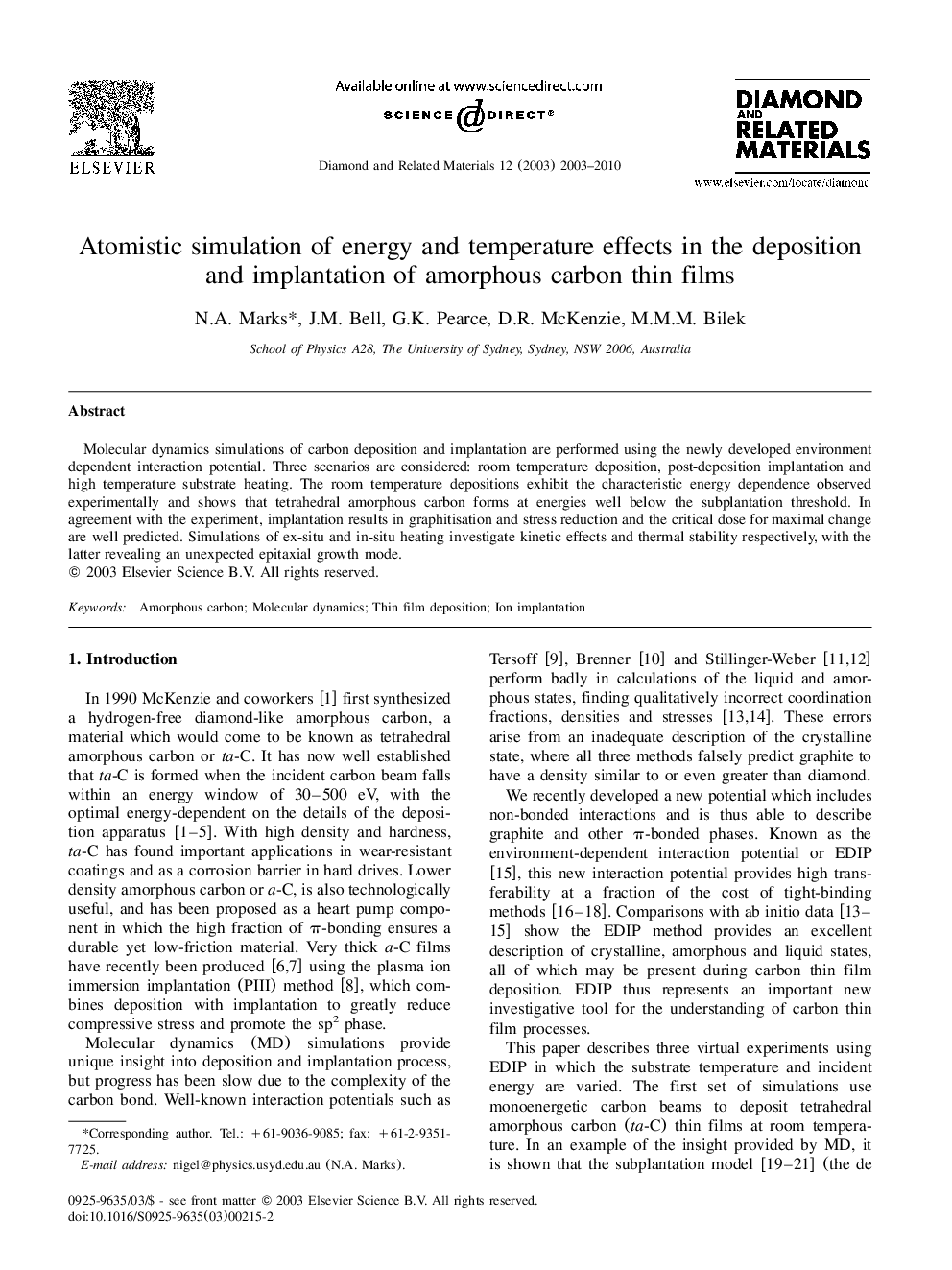 Atomistic simulation of energy and temperature effects in the deposition and implantation of amorphous carbon thin films