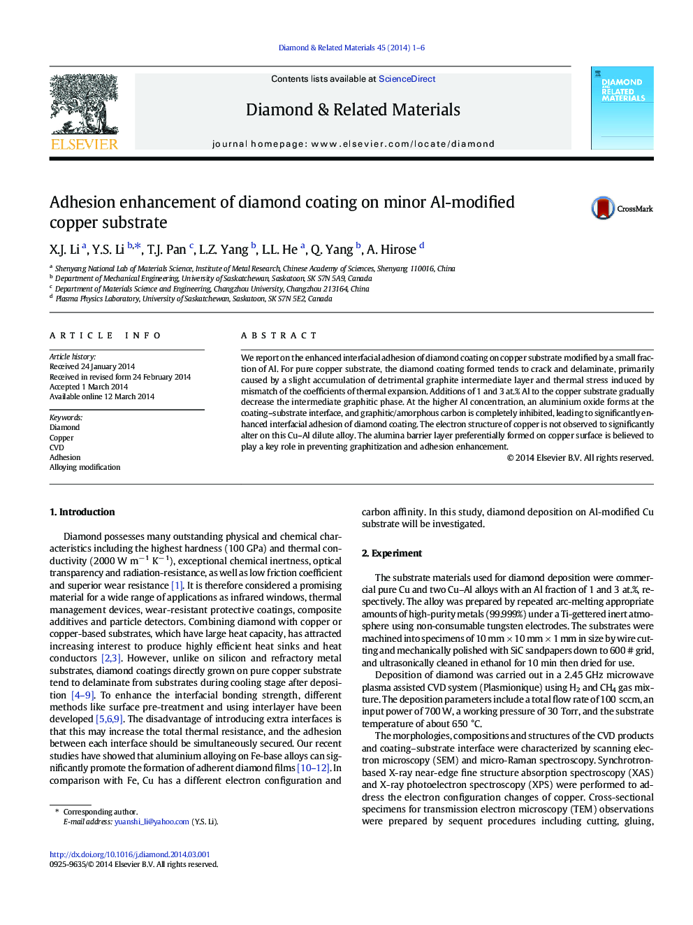 Adhesion enhancement of diamond coating on minor Al-modified copper substrate