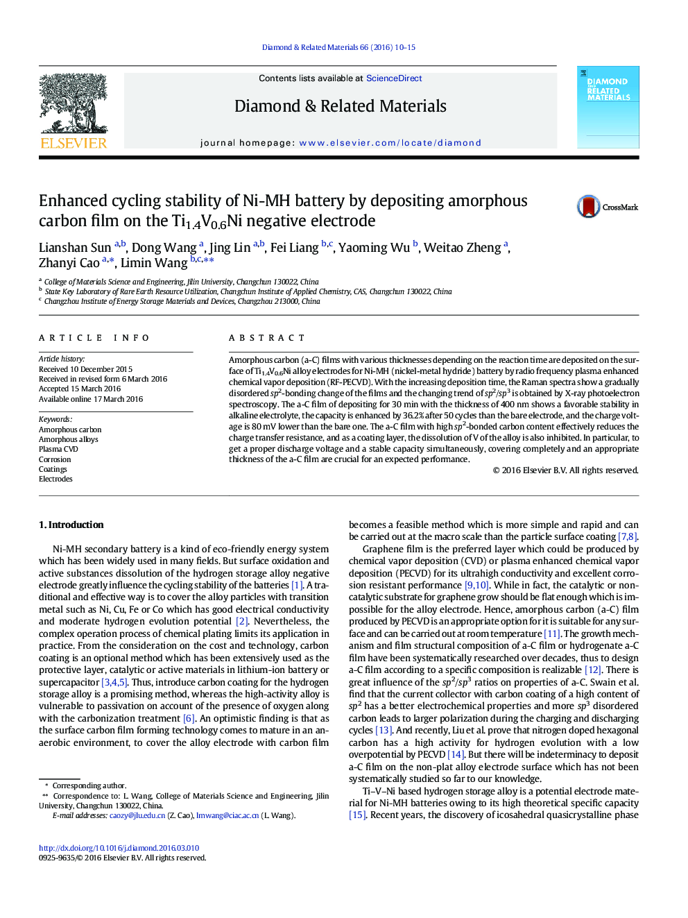 Enhanced cycling stability of Ni-MH battery by depositing amorphous carbon film on the Ti1.4V0.6Ni negative electrode