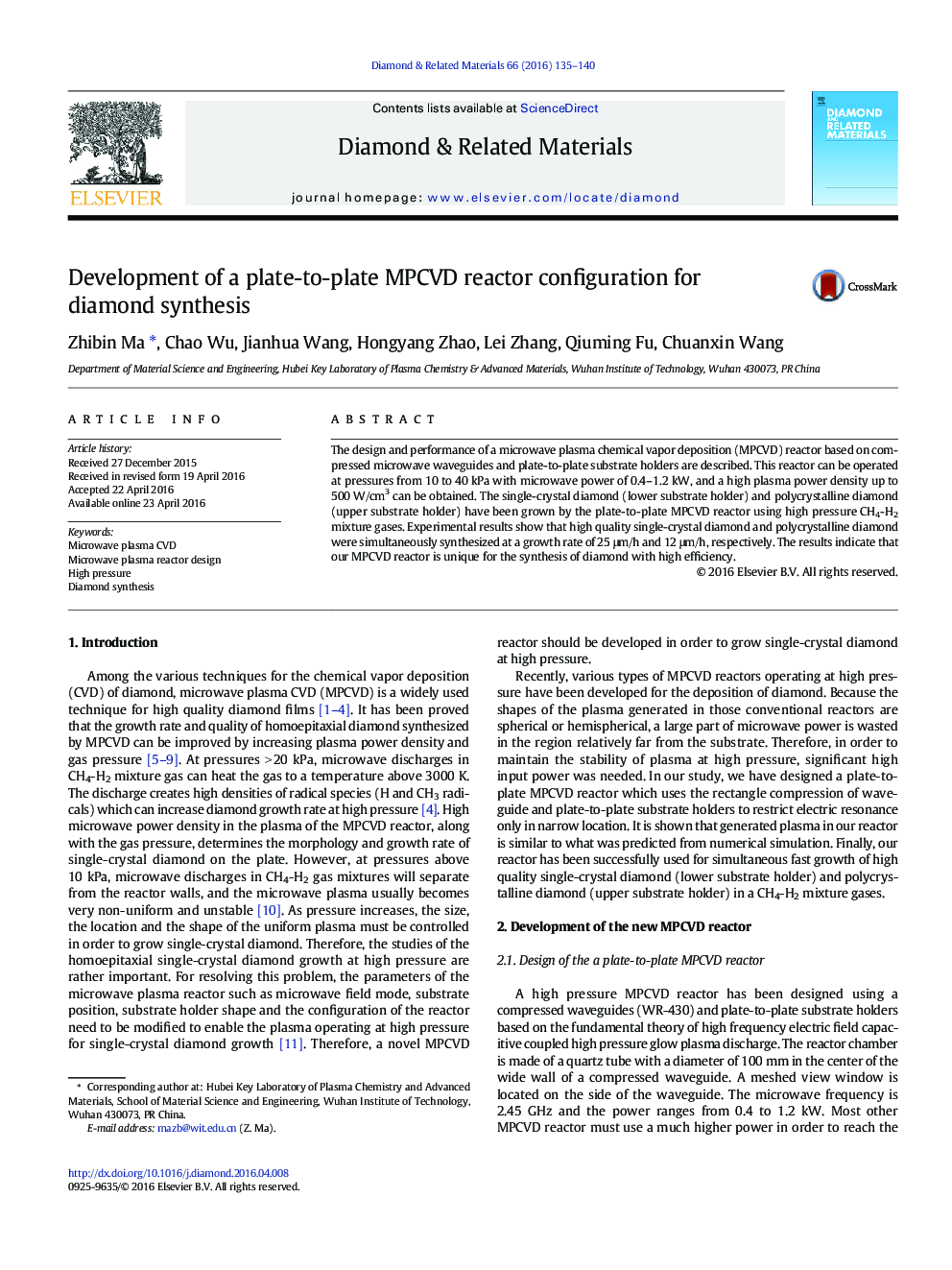 Development of a plate-to-plate MPCVD reactor configuration for diamond synthesis