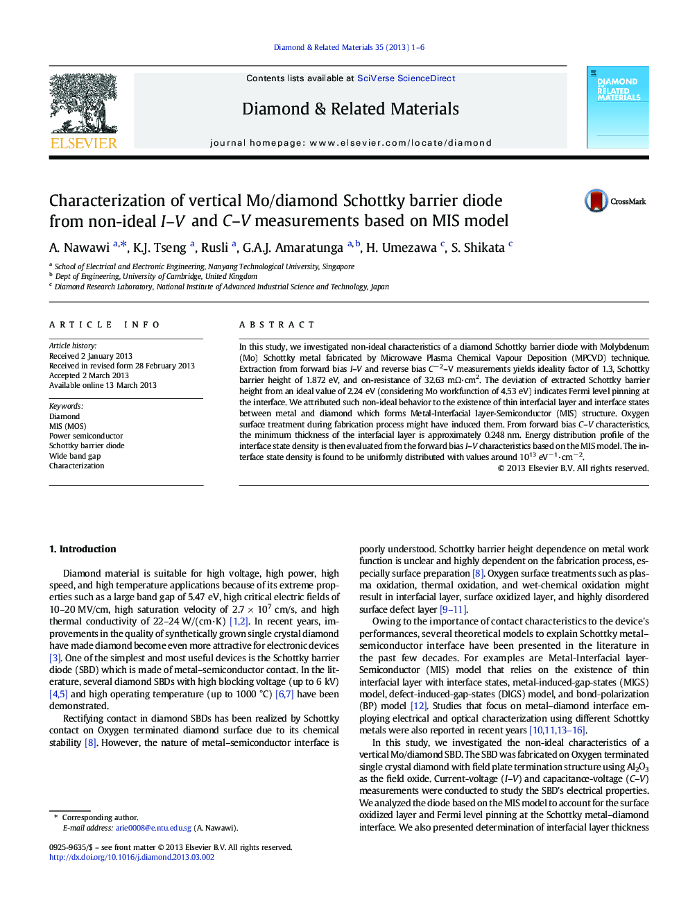 Characterization of vertical Mo/diamond Schottky barrier diode from non-ideal I–V and C–V measurements based on MIS model