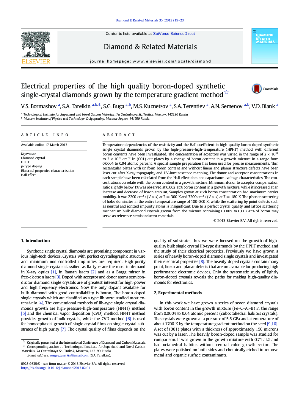 Electrical properties of the high quality boron-doped synthetic single-crystal diamonds grown by the temperature gradient method 