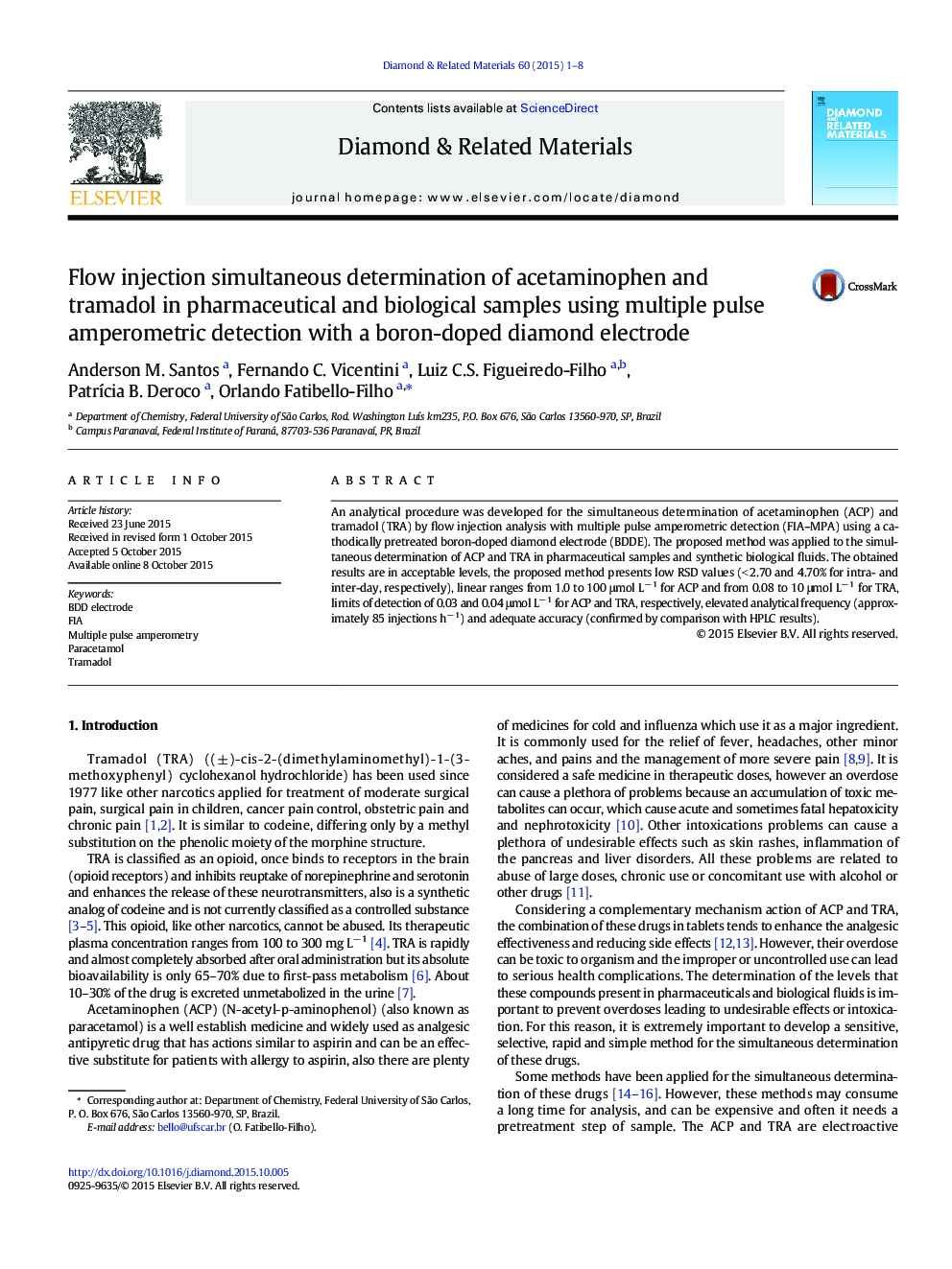 Flow injection simultaneous determination of acetaminophen and tramadol in pharmaceutical and biological samples using multiple pulse amperometric detection with a boron-doped diamond electrode