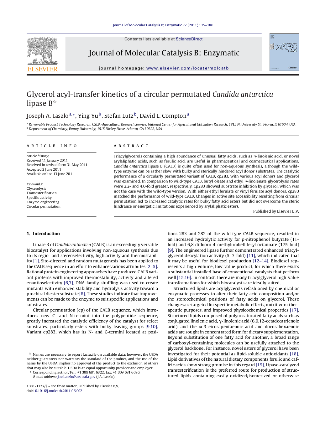 Glycerol acyl-transfer kinetics of a circular permutated Candida antarctica lipase B 