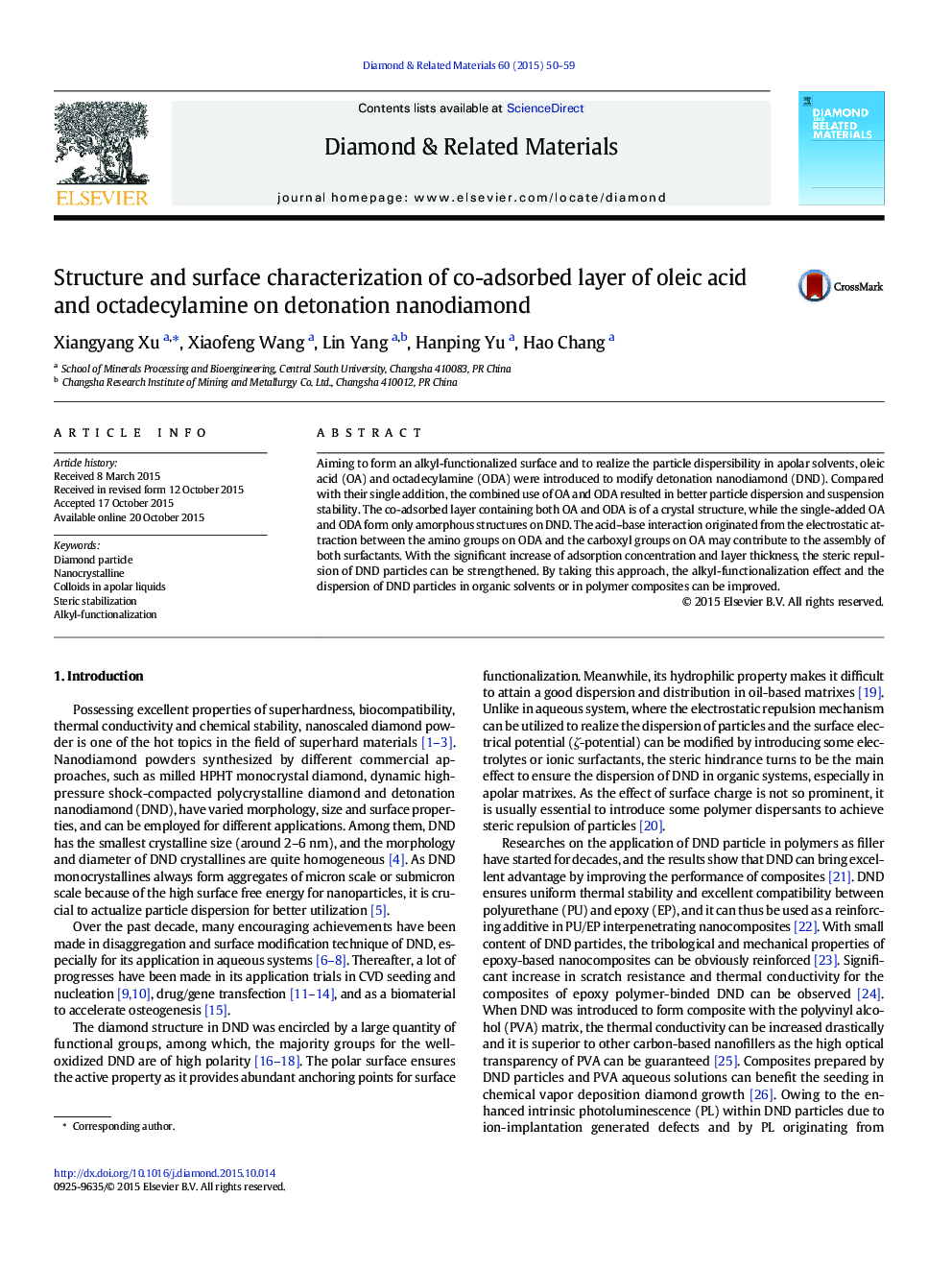 Structure and surface characterization of co-adsorbed layer of oleic acid and octadecylamine on detonation nanodiamond