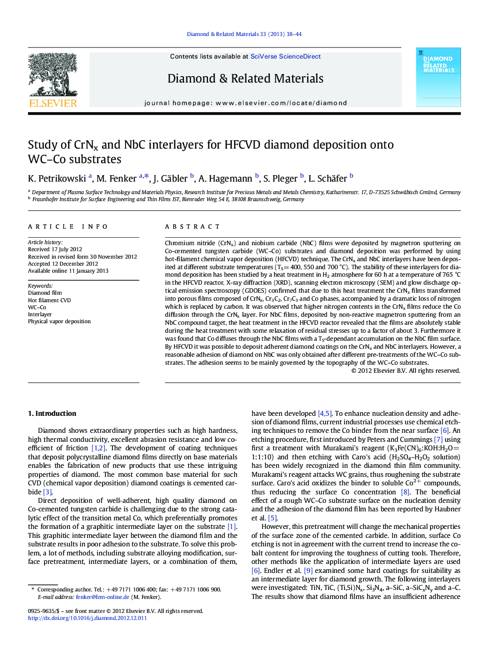 Study of CrNx and NbC interlayers for HFCVD diamond deposition onto WC–Co substrates