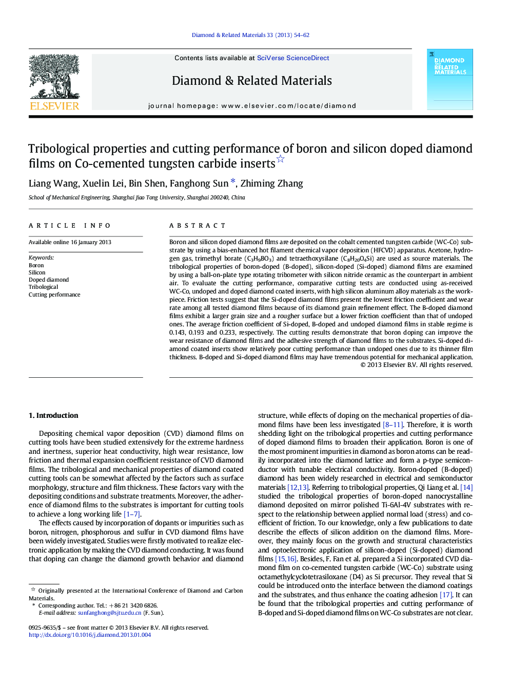 Tribological properties and cutting performance of boron and silicon doped diamond films on Co-cemented tungsten carbide inserts 