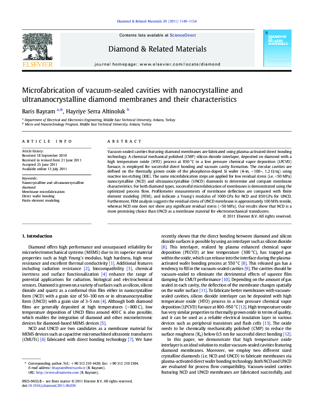 Microfabrication of vacuum-sealed cavities with nanocrystalline and ultrananocrystalline diamond membranes and their characteristics