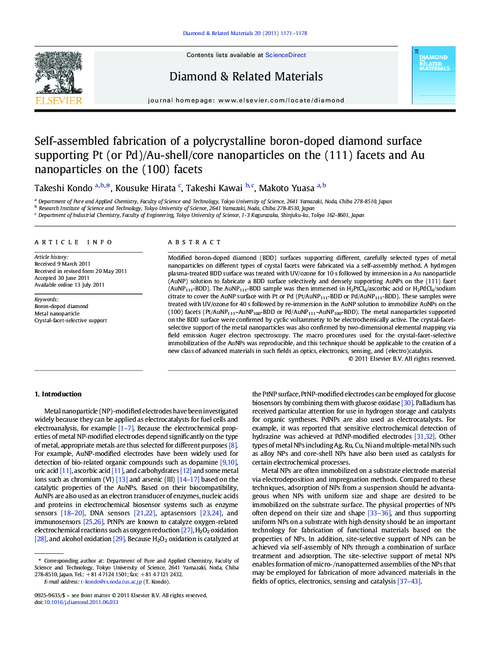 Self-assembled fabrication of a polycrystalline boron-doped diamond surface supporting Pt (or Pd)/Au-shell/core nanoparticles on the (111) facets and Au nanoparticles on the (100) facets