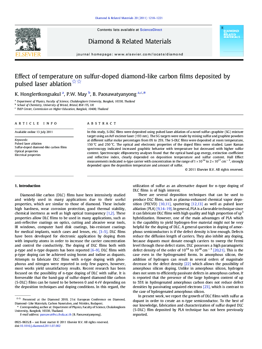 Effect of temperature on sulfur-doped diamond-like carbon films deposited by pulsed laser ablation 