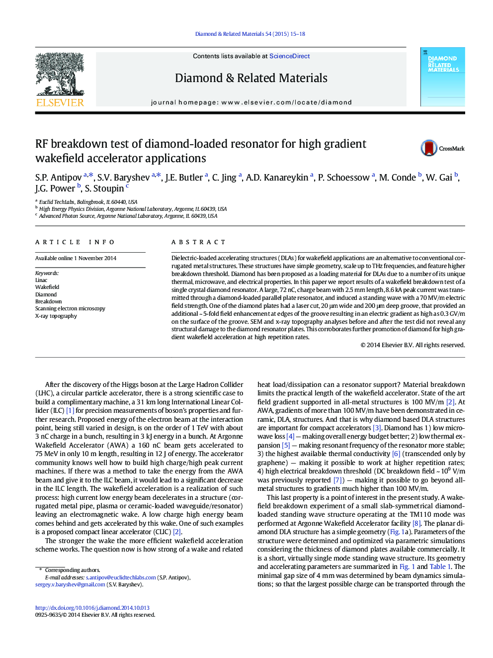 RF breakdown test of diamond-loaded resonator for high gradient wakefield accelerator applications