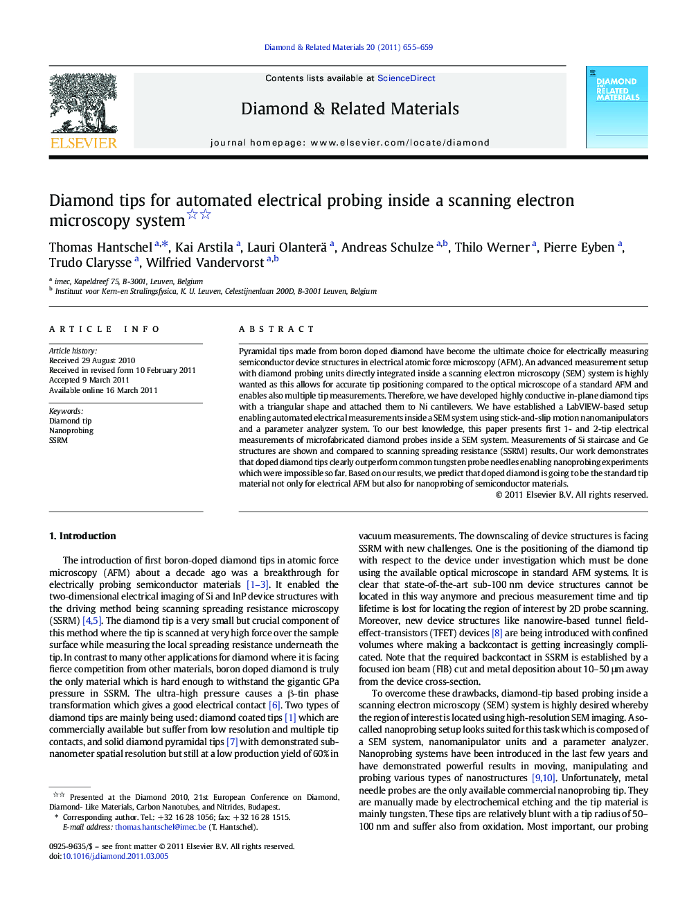 Diamond tips for automated electrical probing inside a scanning electron microscopy system 