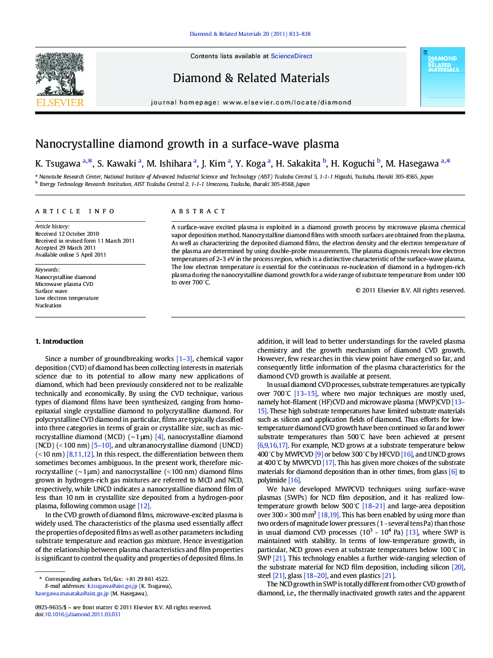 Nanocrystalline diamond growth in a surface-wave plasma