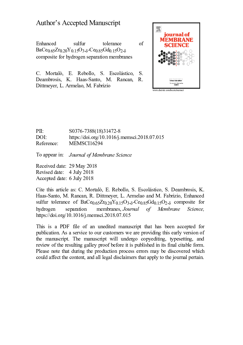 Enhanced sulfur tolerance of BaCe0.65Zr0.20Y0.15O3-Î´-Ce0.85Gd0.15O2-Î´ composite for hydrogen separation membranes