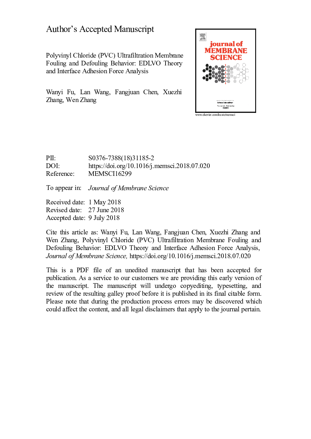 Polyvinyl chloride (PVC) ultrafiltration membrane fouling and defouling behavior: EDLVO theory and interface adhesion force analysis