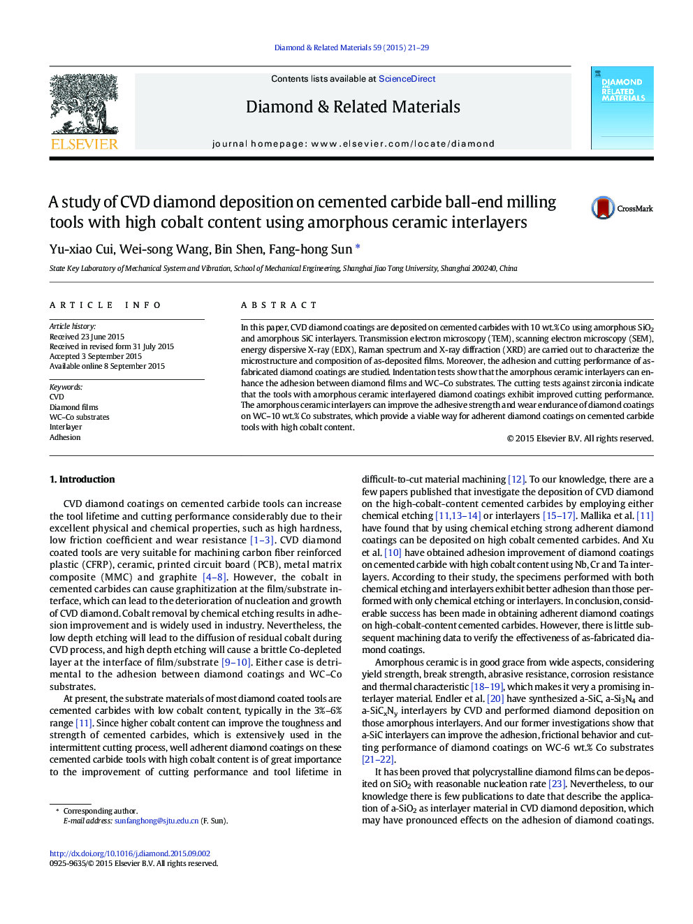 A study of CVD diamond deposition on cemented carbide ball-end milling tools with high cobalt content using amorphous ceramic interlayers