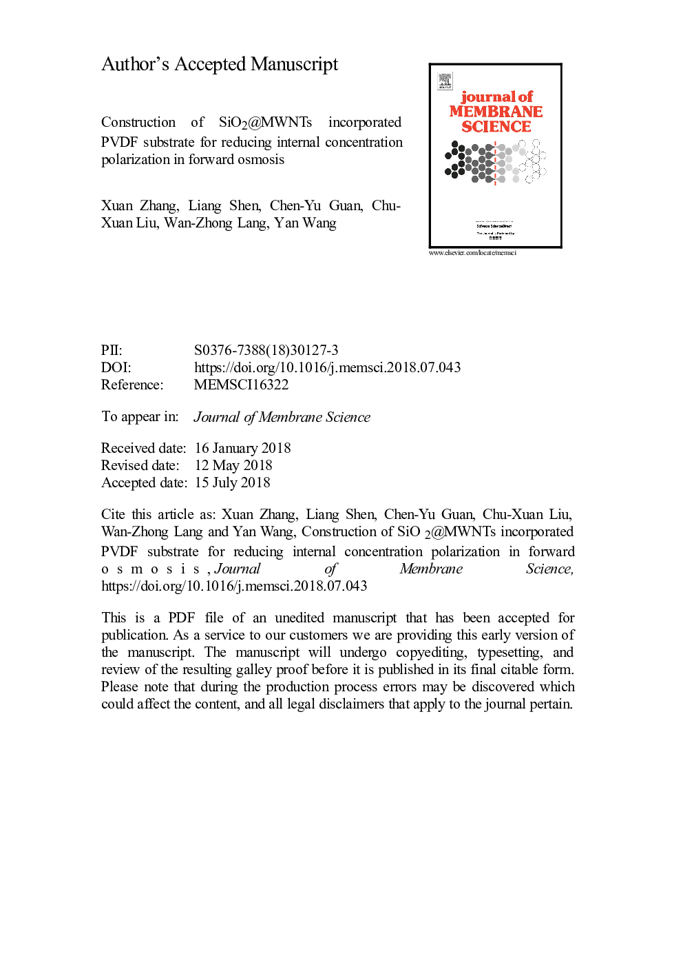 Construction of SiO2@MWNTs incorporated PVDF substrate for reducing internal concentration polarization in forward osmosis