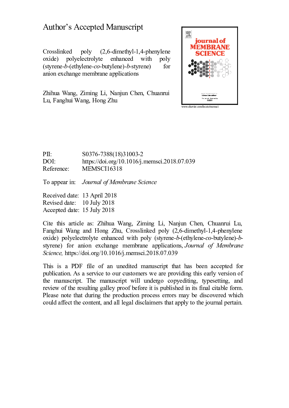 Crosslinked poly (2,6-dimethyl-1,4-phenylene oxide) polyelectrolyte enhanced with poly (styrene-b-(ethylene-co-butylene)-b-styrene) for anion exchange membrane applications