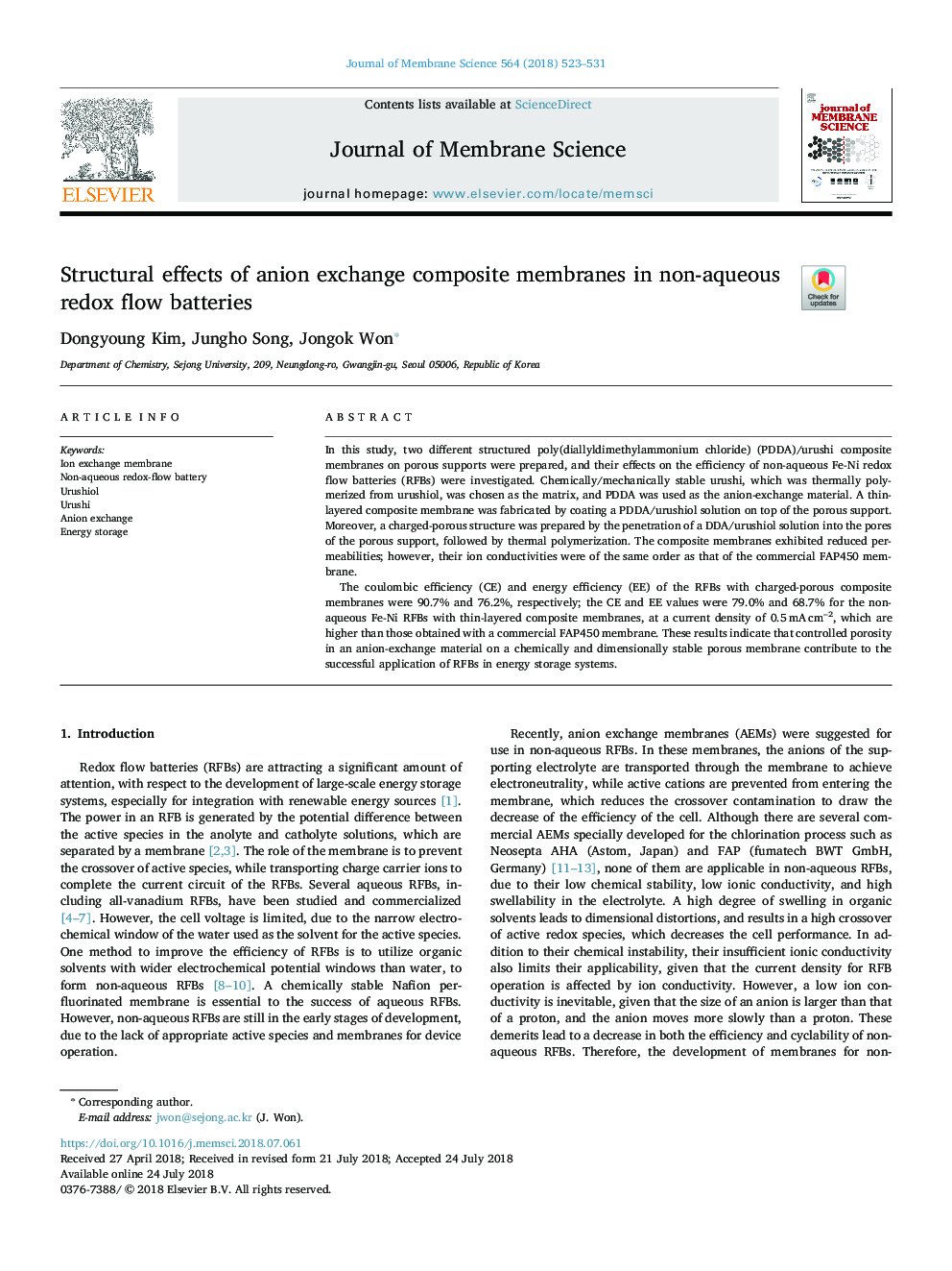 Structural effects of anion exchange composite membranes in non-aqueous redox flow batteries