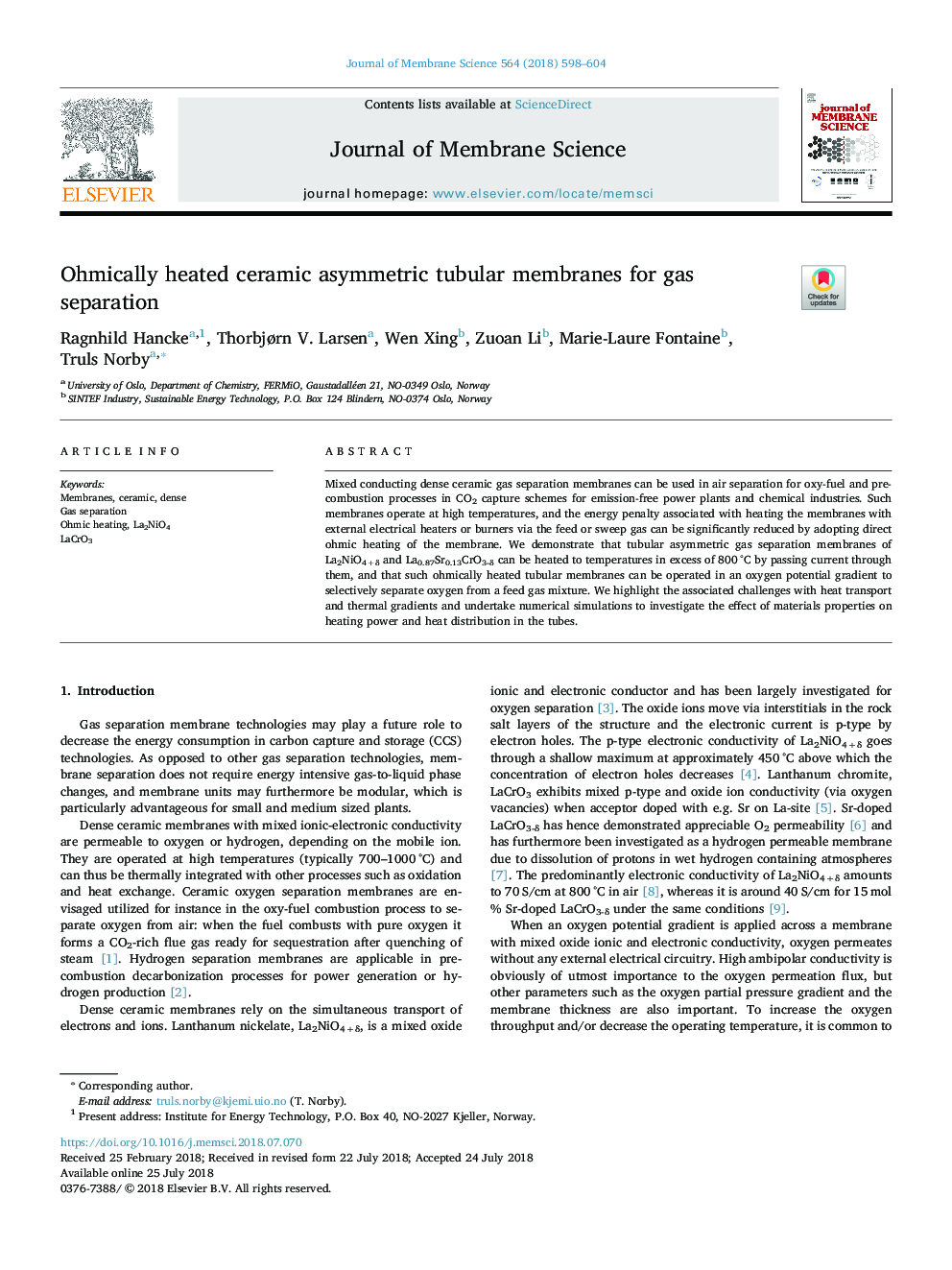 Ohmically heated ceramic asymmetric tubular membranes for gas separation