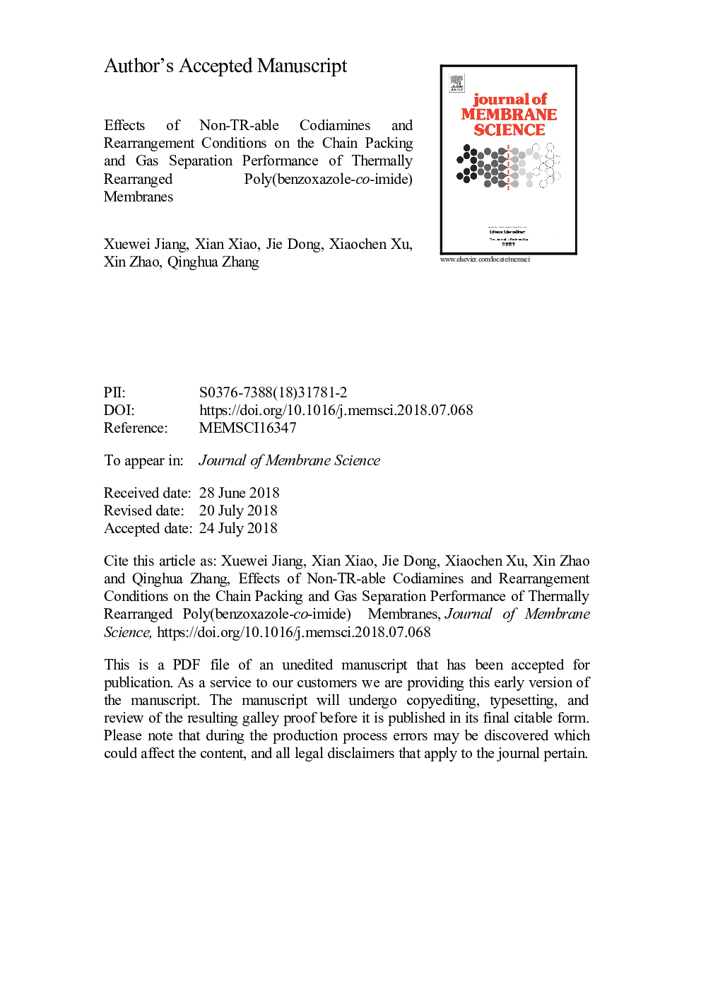 Effects of non-TR-able codiamines and rearrangement conditions on the chain packing and gas separation performance of thermally rearranged poly(benzoxazole-co-imide) membranes