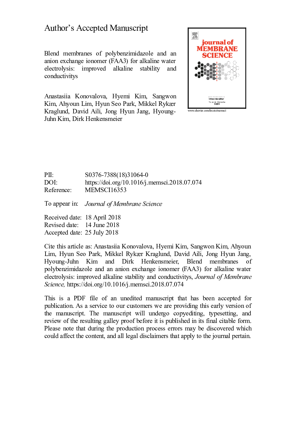 Blend membranes of polybenzimidazole and an anion exchange ionomer (FAA3) for alkaline water electrolysis: Improved alkaline stability and conductivity