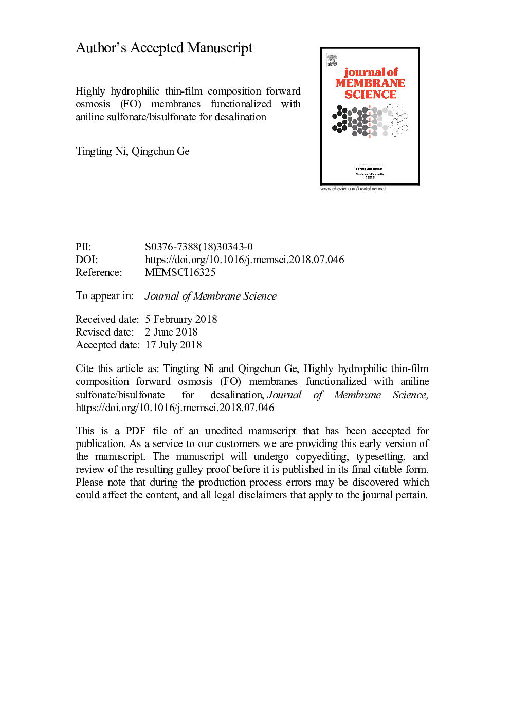 Highly hydrophilic thin-film composition forward osmosis (FO) membranes functionalized with aniline sulfonate/bisulfonate for desalination