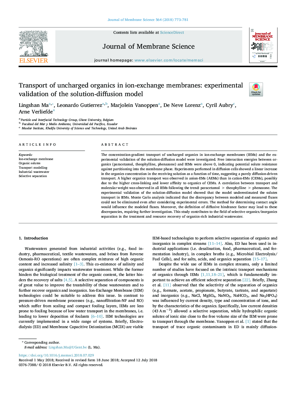 Transport of uncharged organics in ion-exchange membranes: experimental validation of the solution-diffusion model