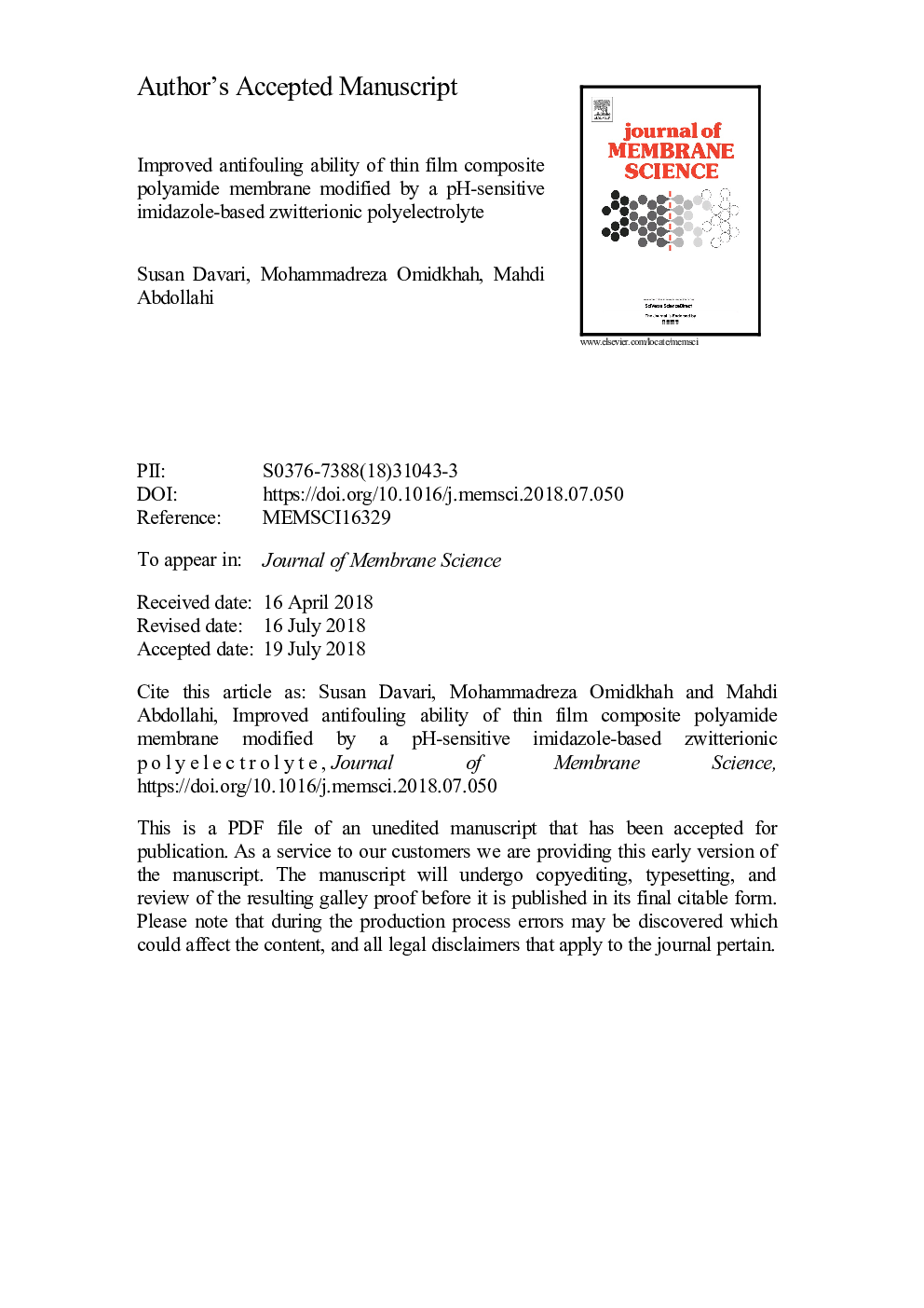 Improved antifouling ability of thin film composite polyamide membrane modified by a pH-sensitive imidazole-based zwitterionic polyelectrolyte