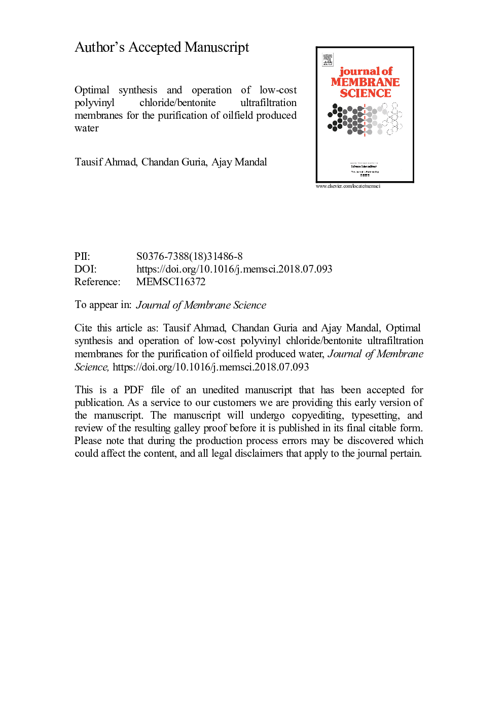 Optimal synthesis and operation of low-cost polyvinyl chloride/bentonite ultrafiltration membranes for the purification of oilfield produced water