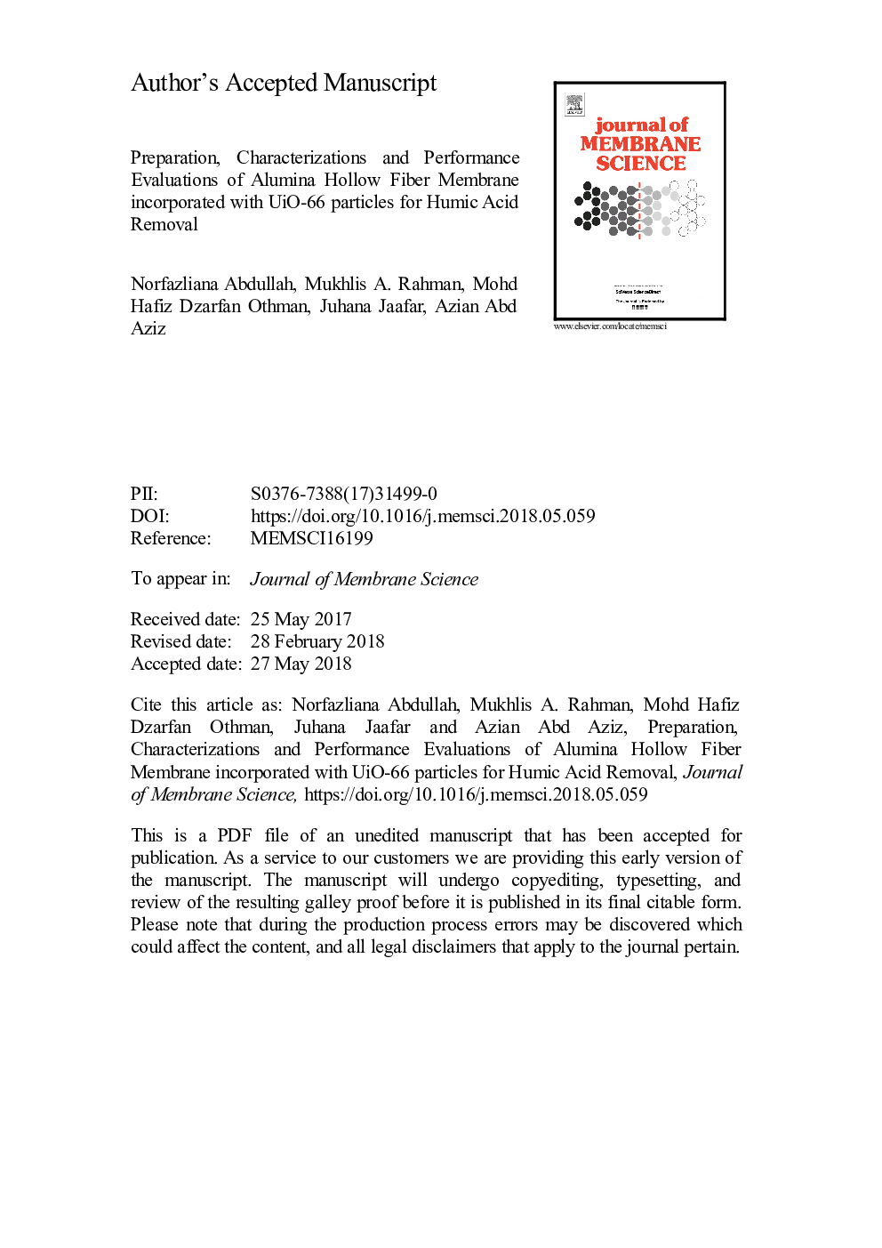 Preparation, characterizations and performance evaluations of alumina hollow fiber membrane incorporated with UiO-66 particles for humic acid removal