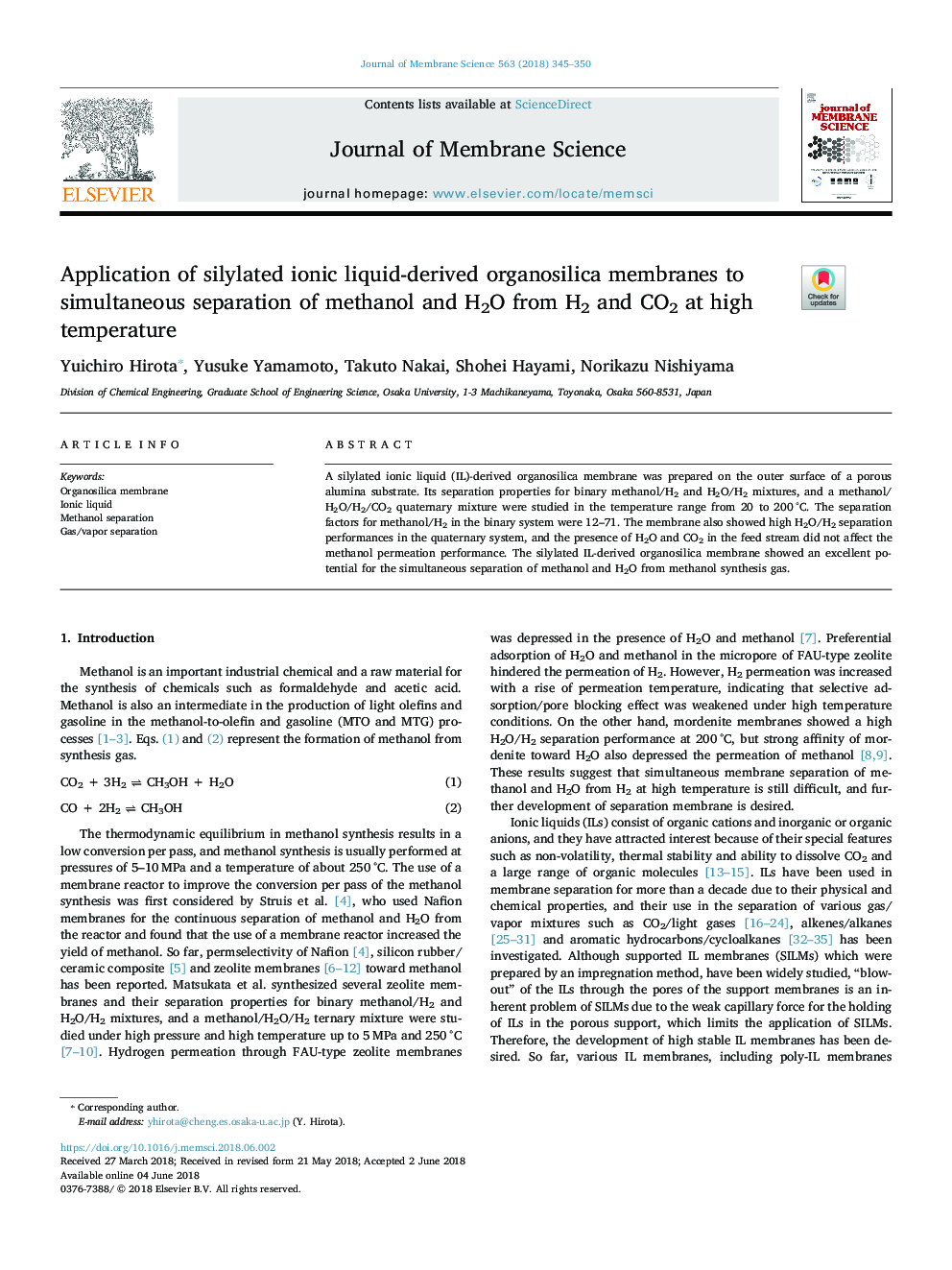 Application of silylated ionic liquid-derived organosilica membranes to simultaneous separation of methanol and H2O from H2 and CO2 at high temperature