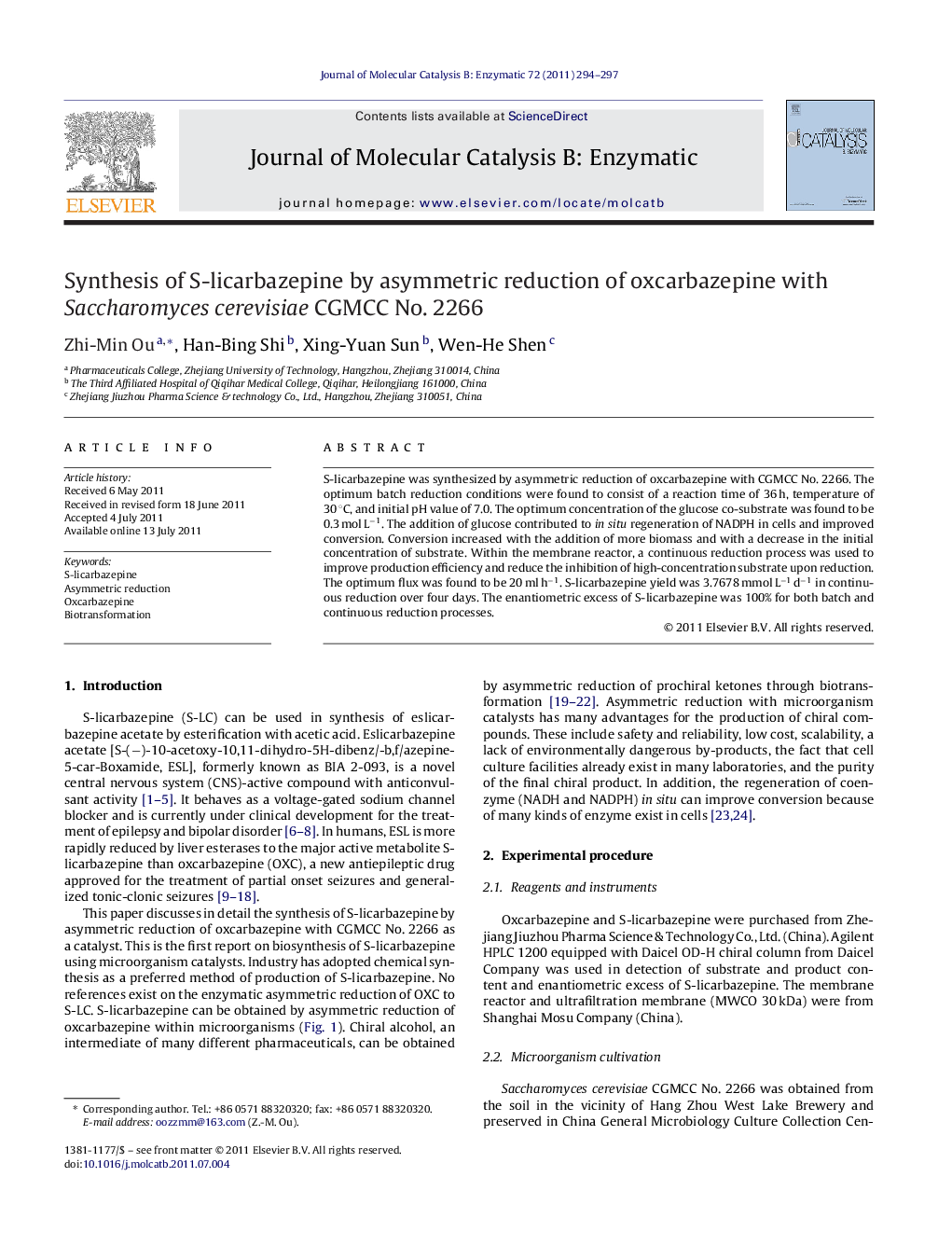 Synthesis of S-licarbazepine by asymmetric reduction of oxcarbazepine with Saccharomyces cerevisiae CGMCC No. 2266